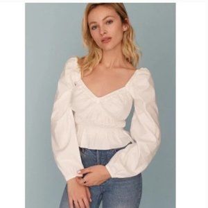 Reformation Fern Ruffled Gathered Stretch Organic Cotton Poplin Top - SIZE S